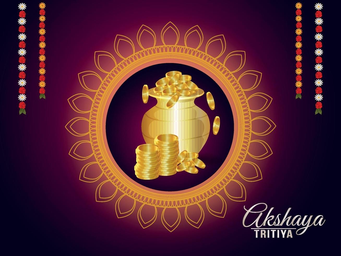 Akshaya tritiya celebration greeting card with gold coin pot vector