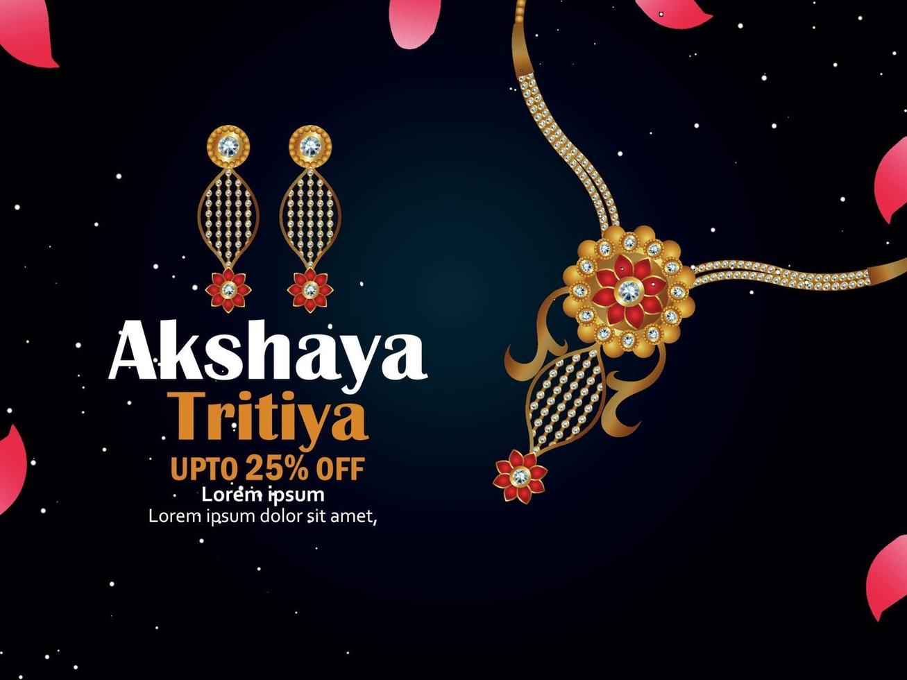 Vector illustration of Akshaya Tritiya celebration jewellery. Sale promotion greeting card with creative necklace and earrings