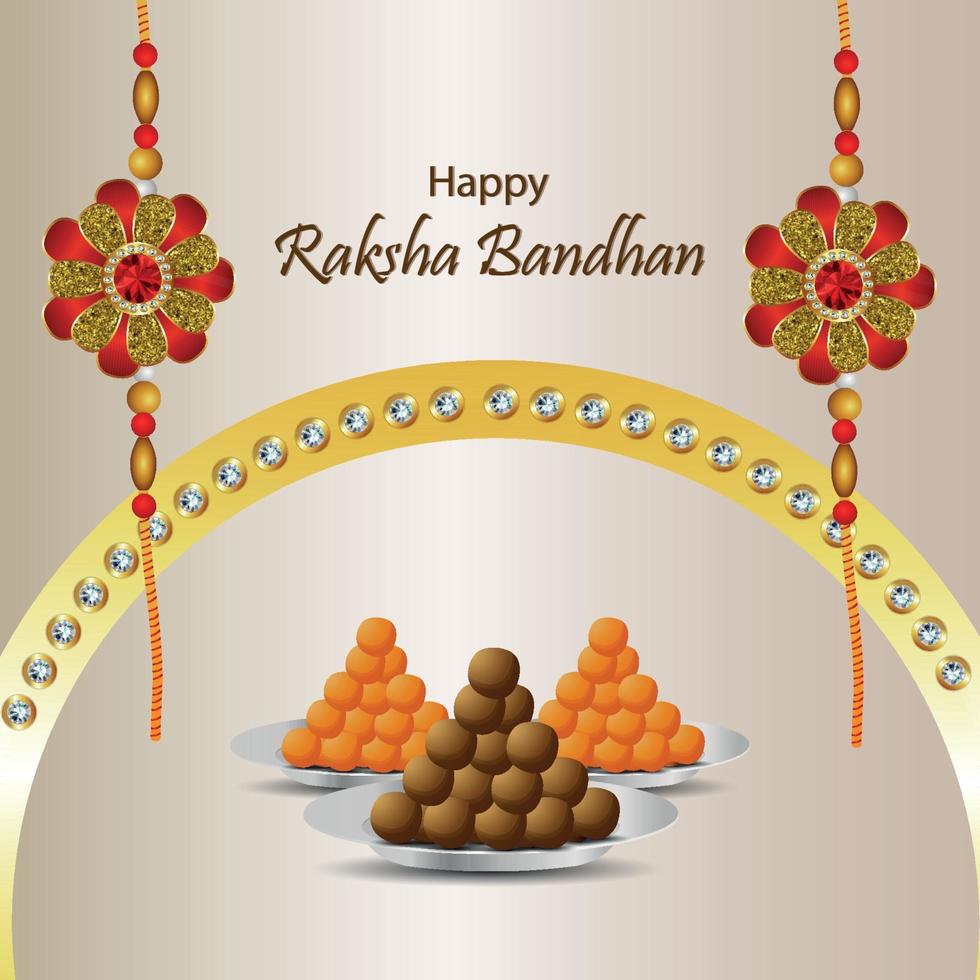 Indian festival of happy raksha bandhan celebration greeting card with crystal rakhi and sweet vector