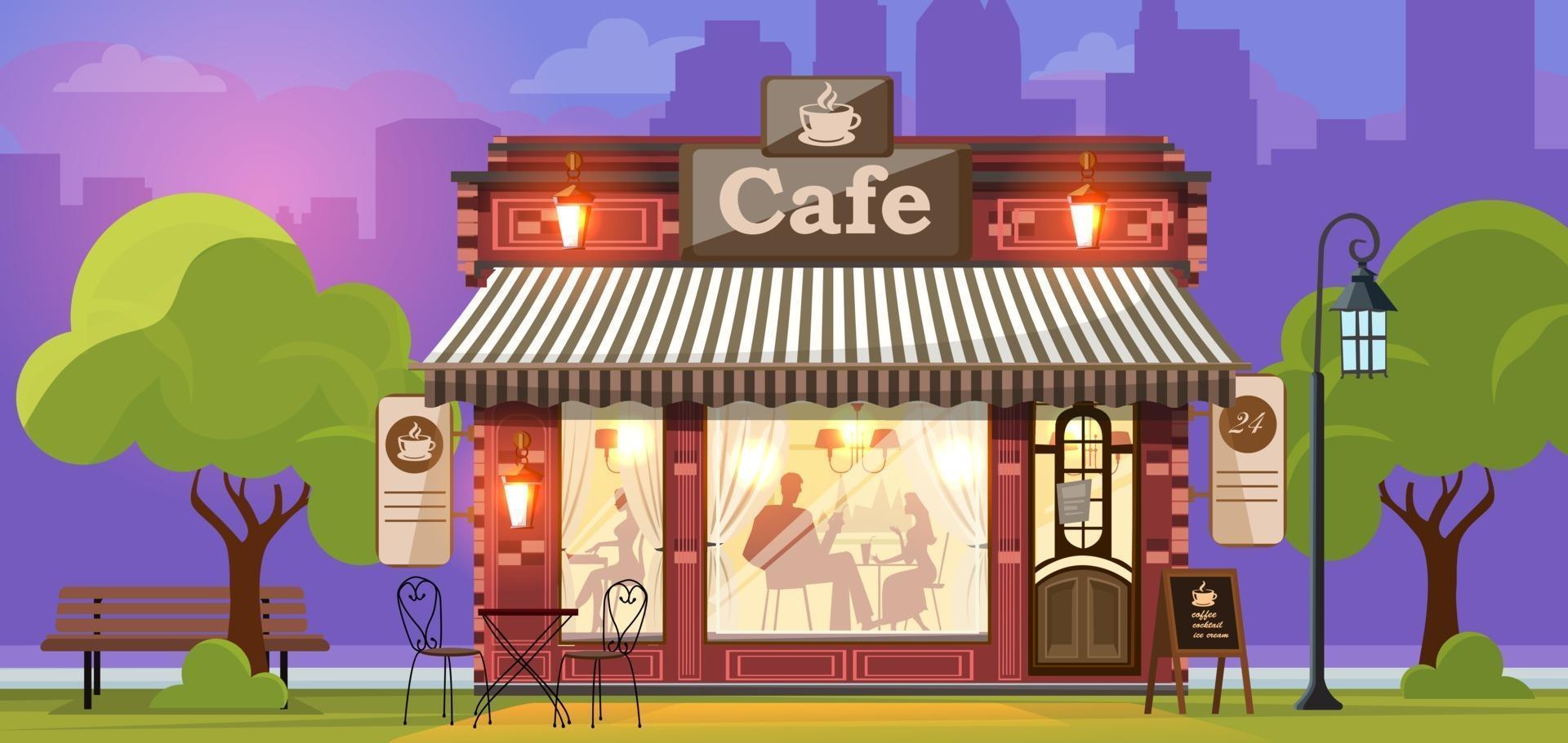 Coffee house. Facade of a coffee shop store or cafe. City street background. Vector illustration