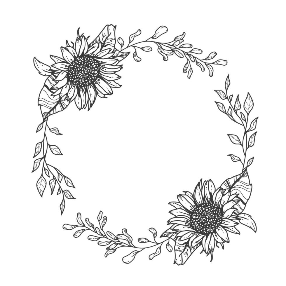 Sunflower wreath. Hand drawn illustration. Invitation graphic. vector