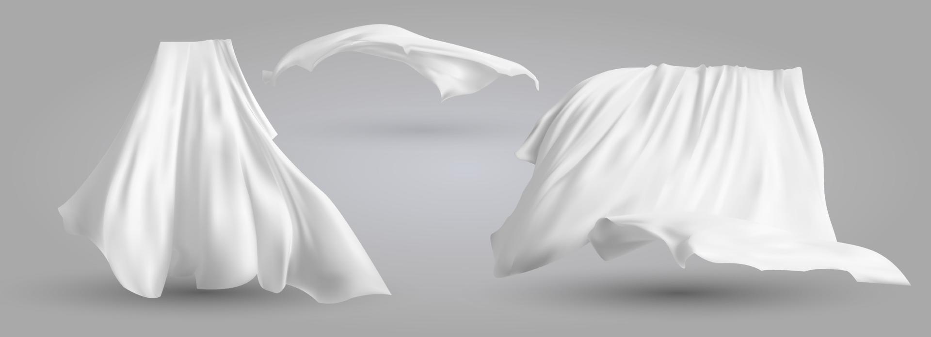 Set of realistic fluttering white cloths, soft lightweight clear material isolated on gray background vector illustration