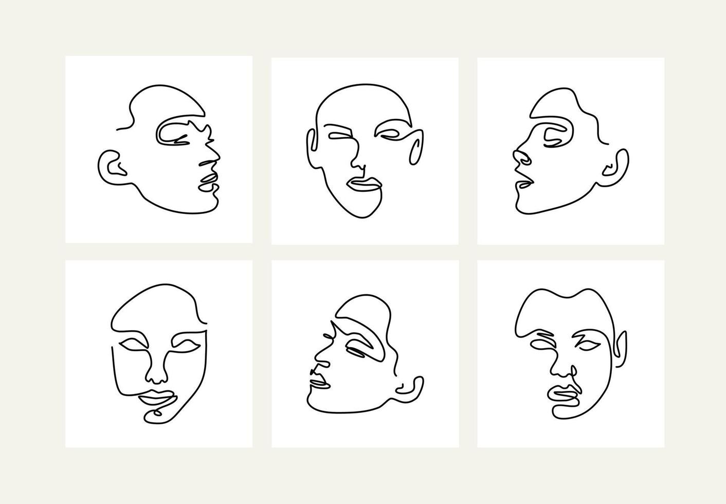Set of female portraits. One line drawing. vector