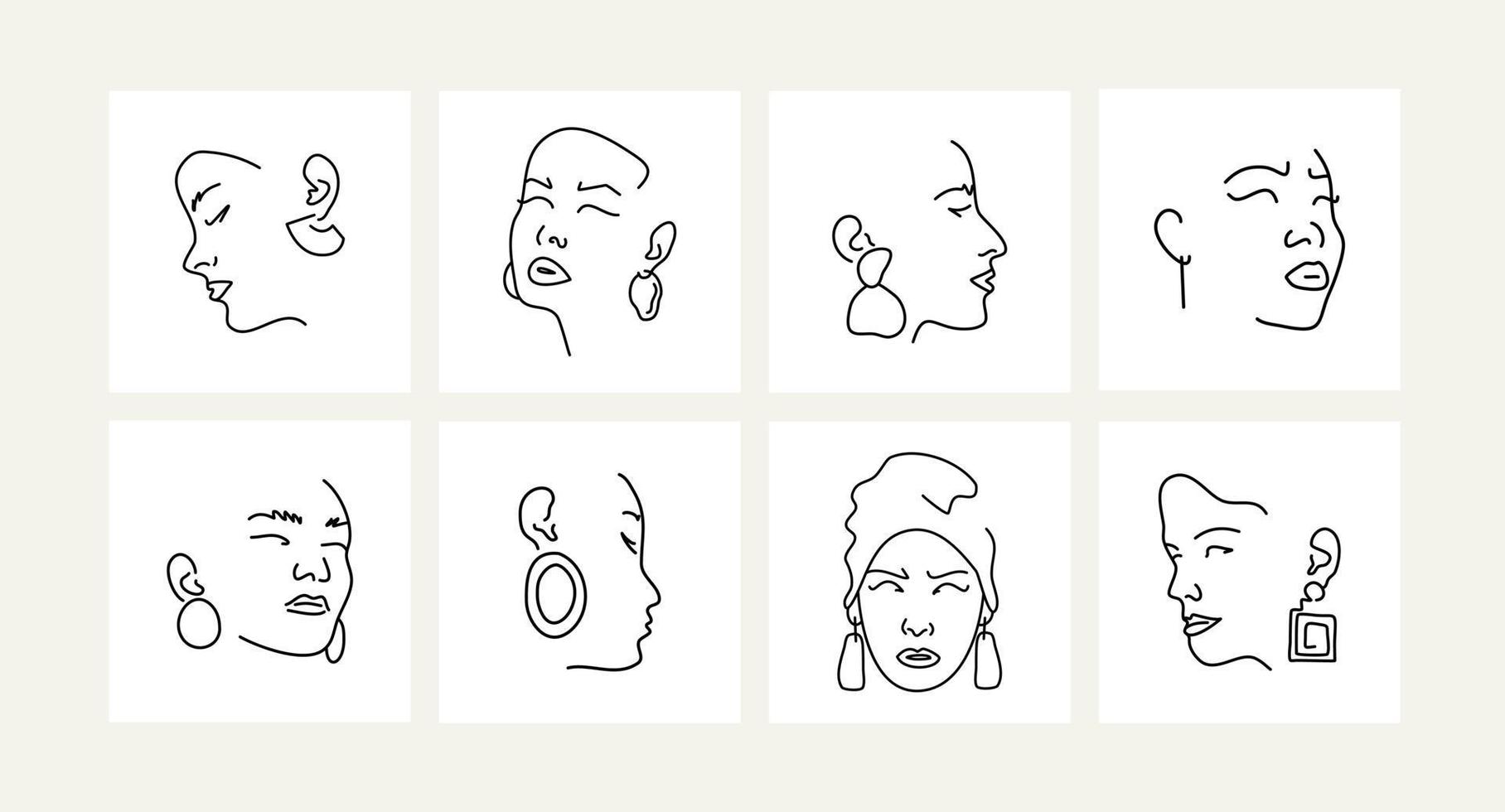 Set of female portraits with earrings. Line drawing. vector