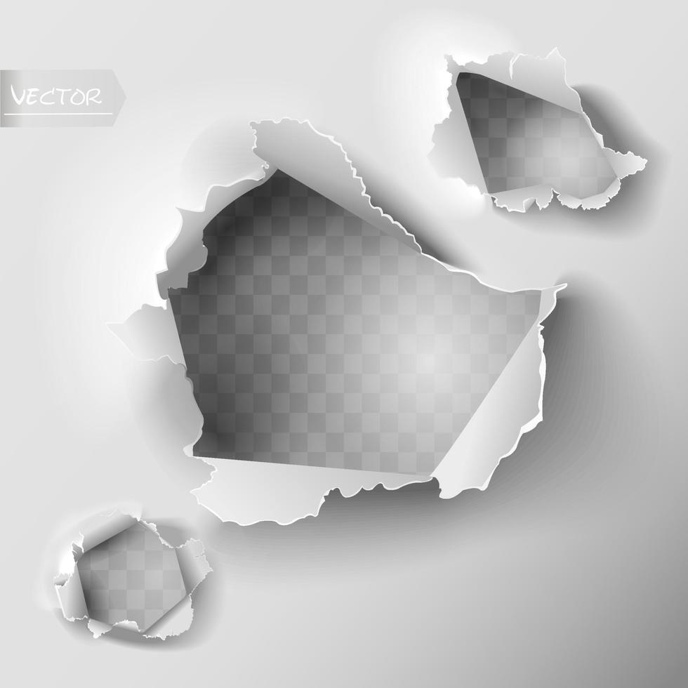 Realistic holes set in paper isolated on grey backgroun. Vector illustration.