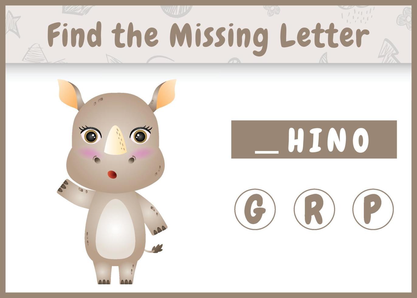 educational spelling game for kids find missing letter with a cute rhino vector