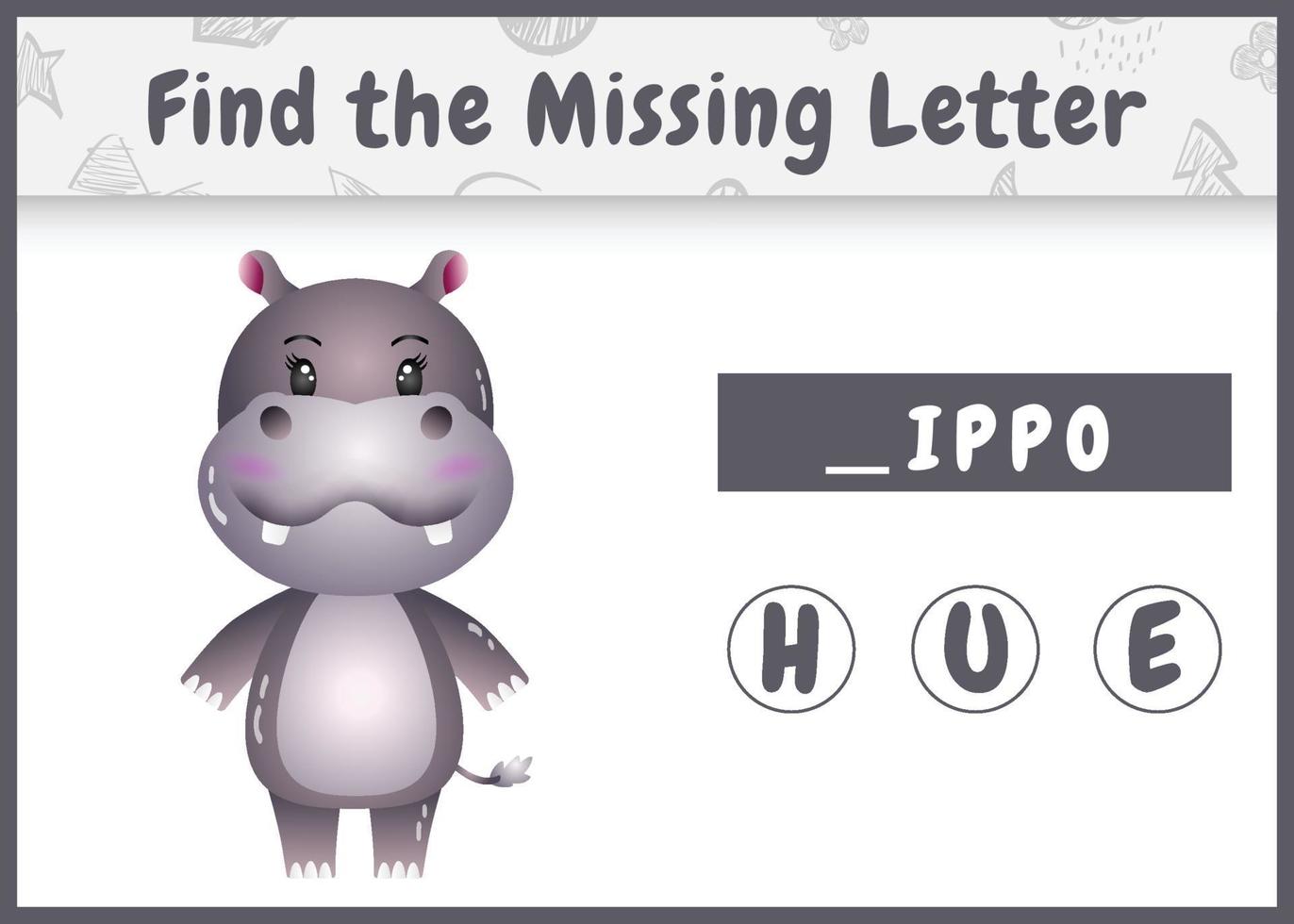 educational spelling game for kids find missing letter with a cute hippo vector