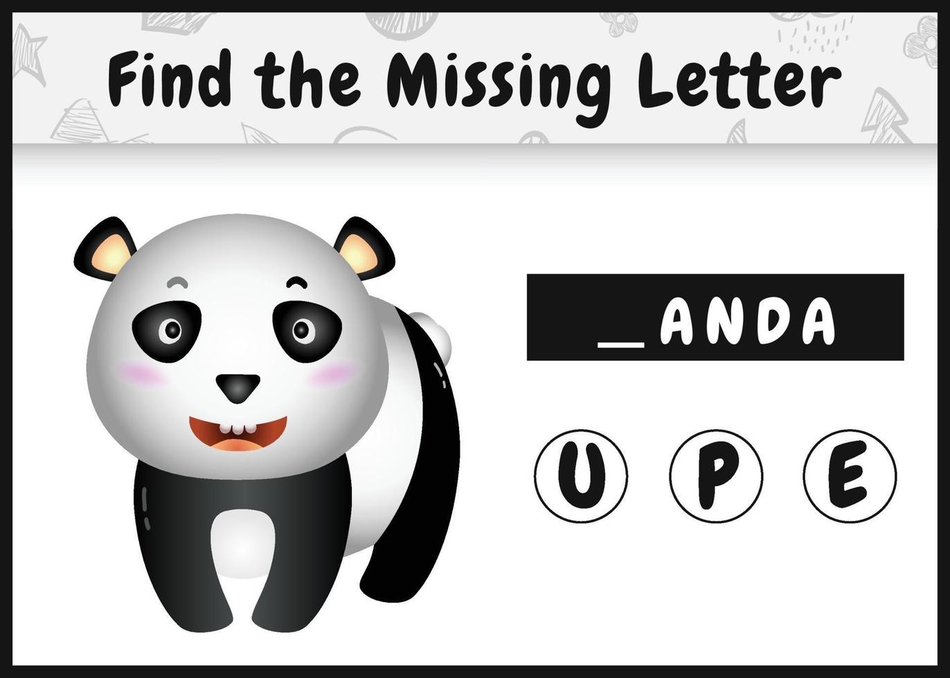 juego educativo de ortografía para que los niños encuentren la letra que falta con un lindo panda vector