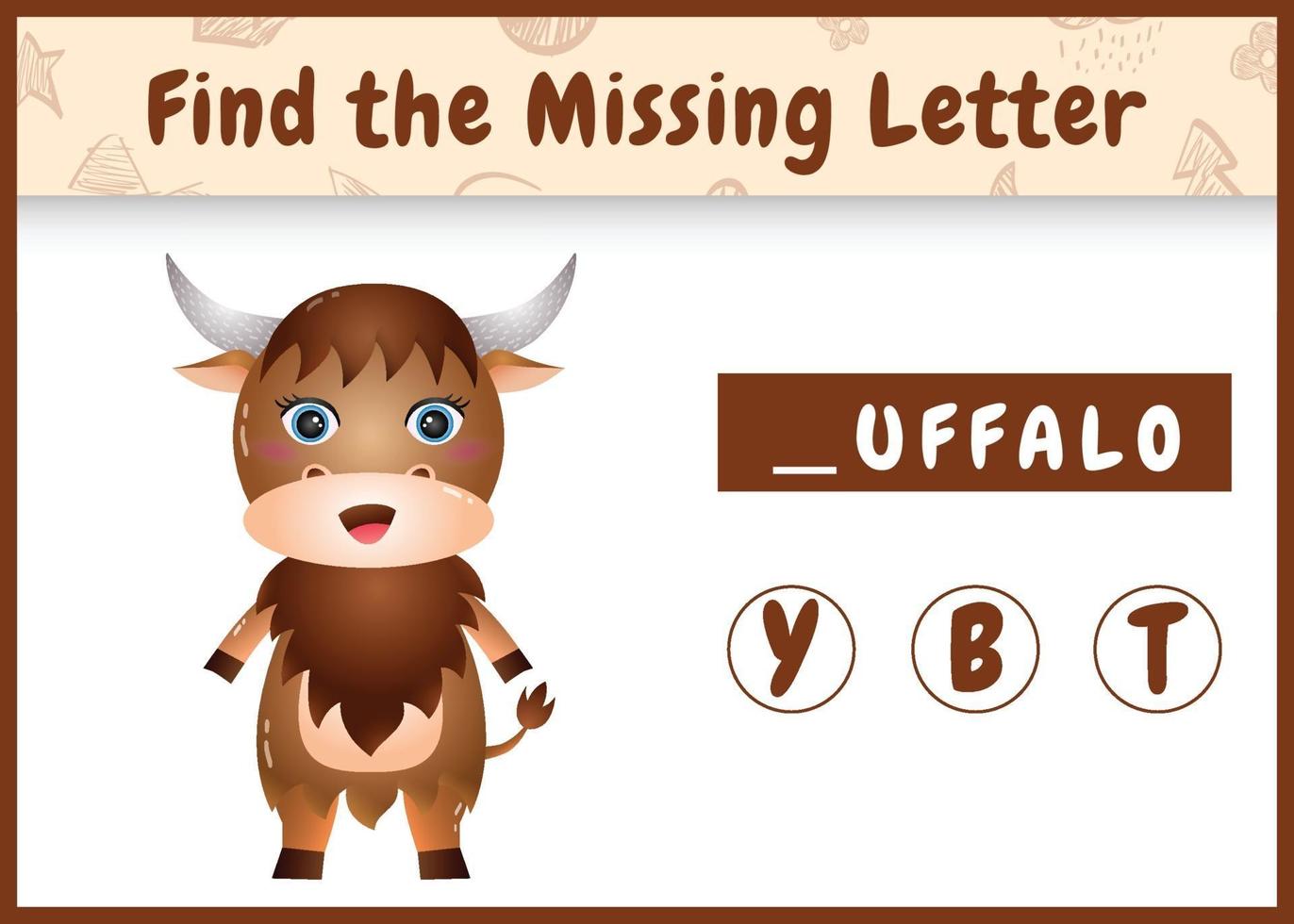 educational spelling game for kids find missing letter with a cute buffalo vector