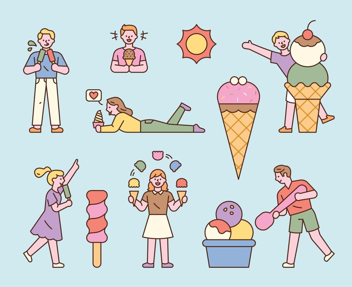 People are enjoying several types of ice cream. flat design style minimal vector illustration.