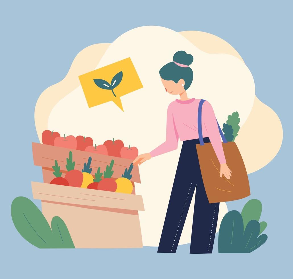 una mujer lleva una bolsa reutilizable en lugar de una bolsa de plástico y compra en un mercado local de alimentos que son alimentos frescos en lugar de envasados. Ilustración de vector mínimo de estilo de diseño plano.