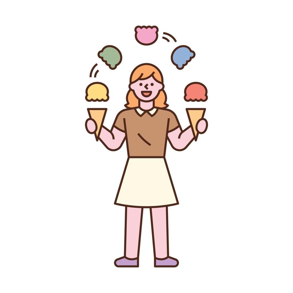 A woman is juggling ice cream. flat design style minimal vector illustration.