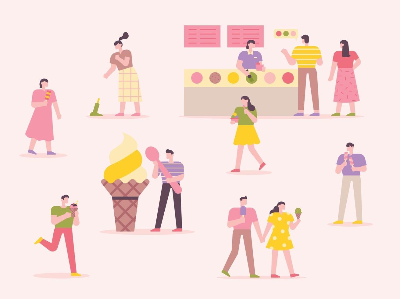 mucha gente está comiendo helado. heladería con fondo rosa. Ilustración de vector mínimo de estilo de diseño plano.