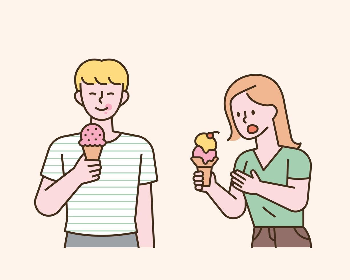 un hombre y una mujer están comiendo conos de helado en sus manos. Ilustración de vector mínimo de estilo de diseño plano.