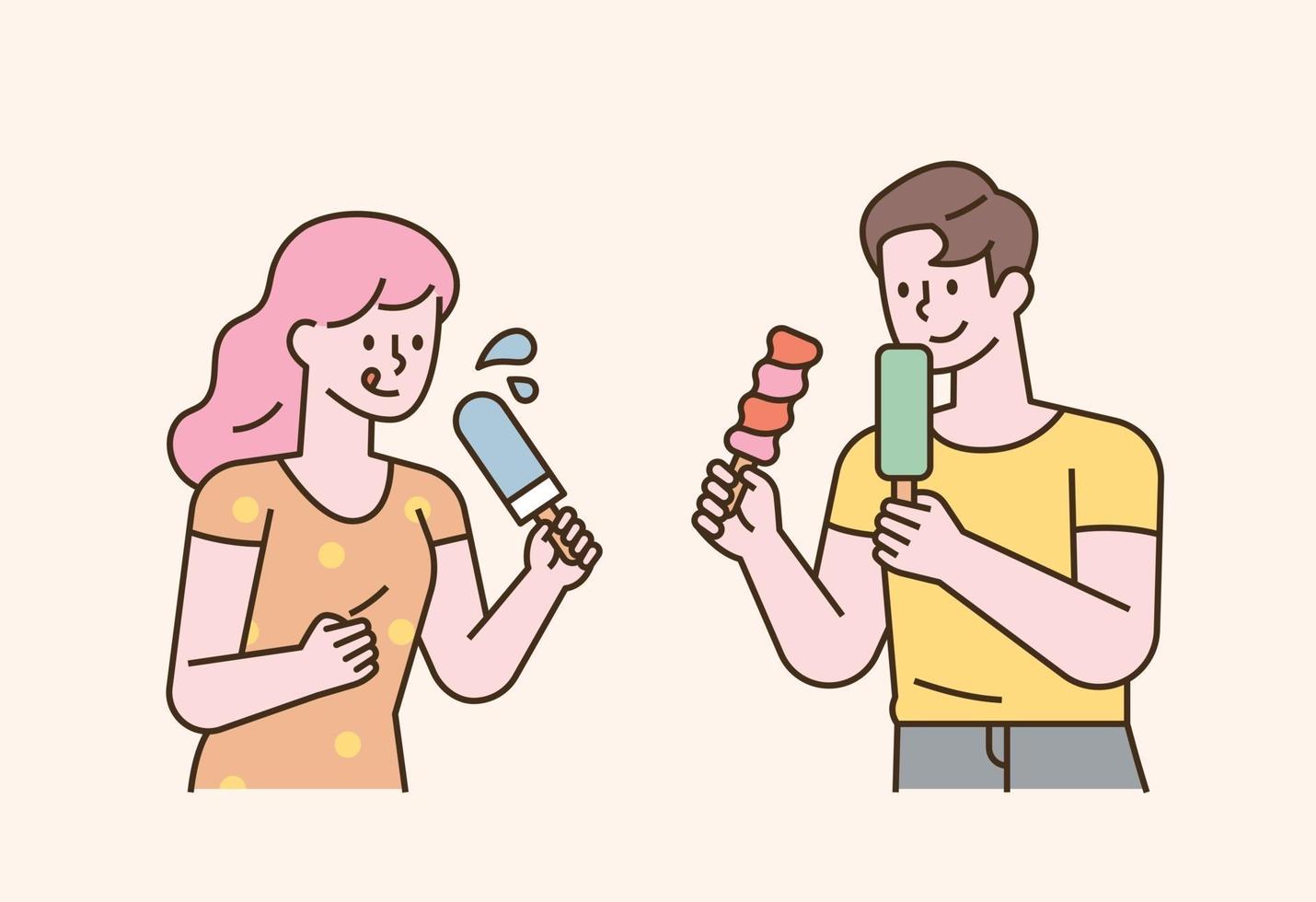 gente comiendo palitos de helado. Ilustración de vector mínimo de estilo de diseño plano.