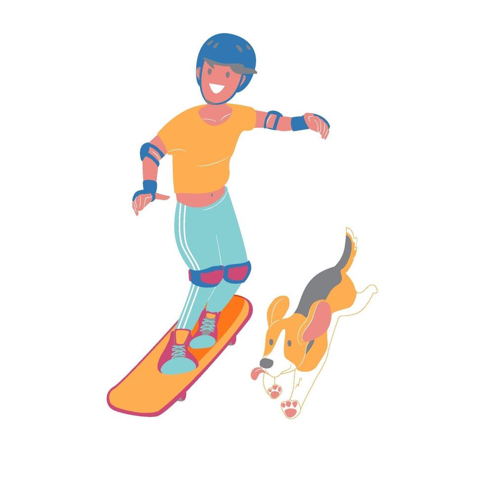 Boy skateboarding with his puppy beagle dog vector