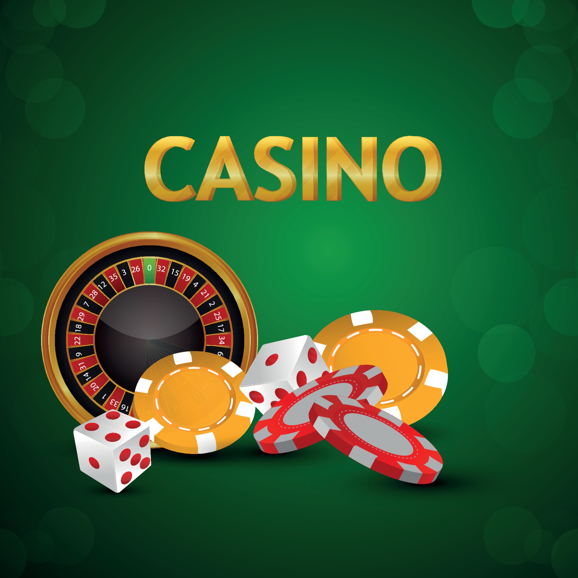 Casino gambling game with casino chips, roulette wheel with dice on