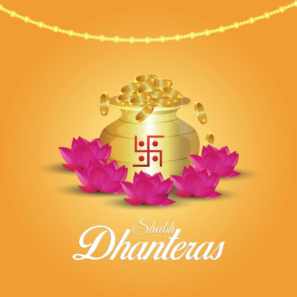Shubh dhanteras celebration vector illustration with gold coin pot and lotus flower