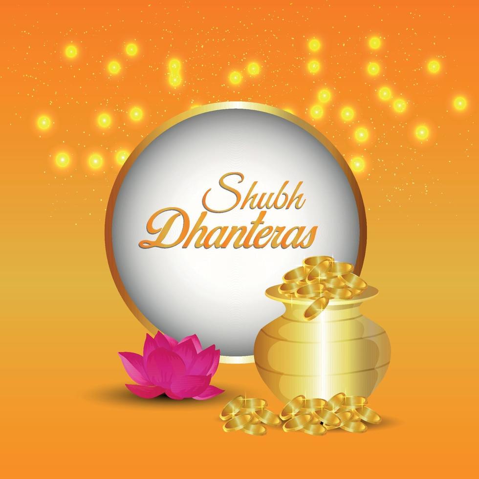 Tarjeta de felicitación de invitación shubh dhanteras con una creativa olla de monedas de oro sobre fondo amarillo vector