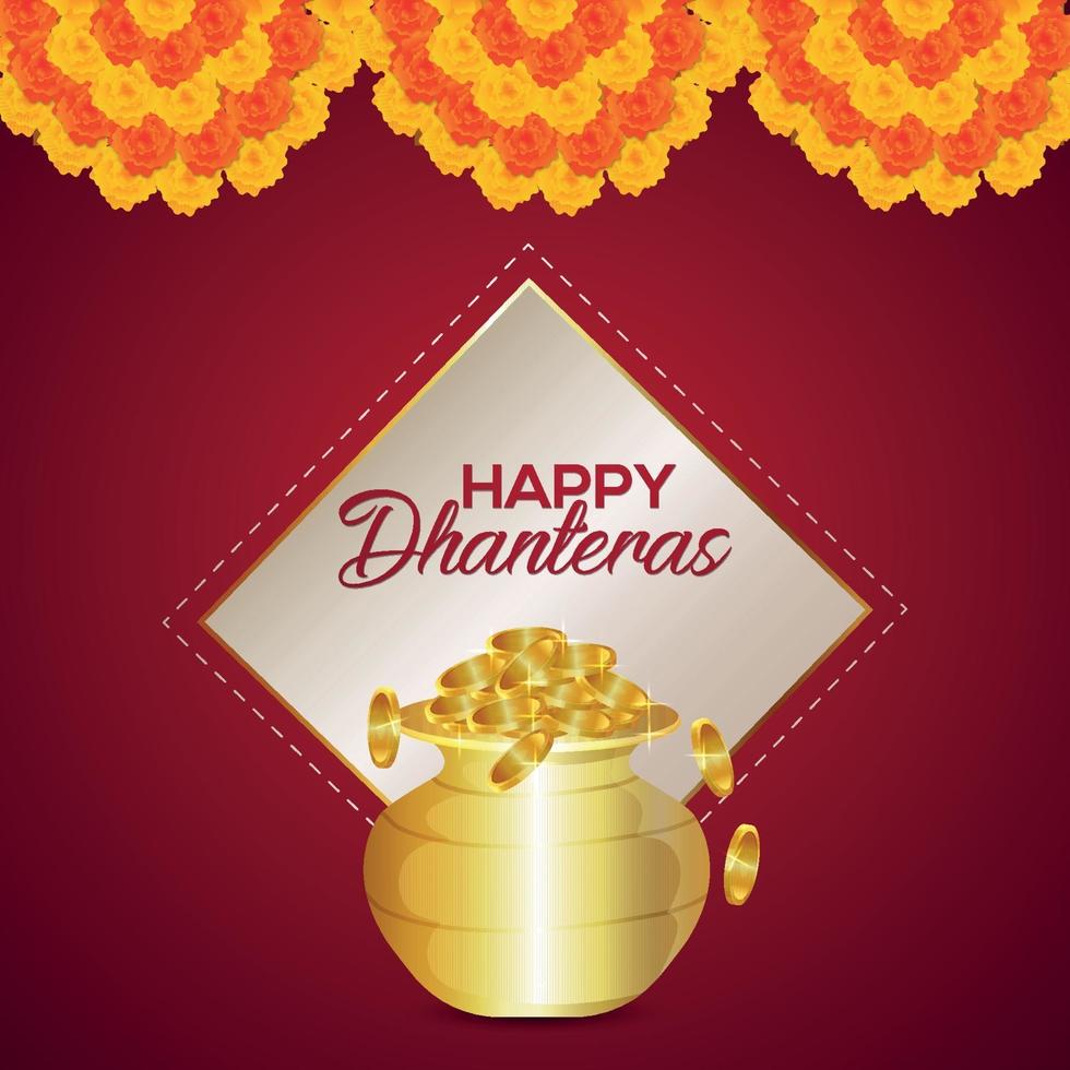 Indian festival of happy dhanteras invitation greeting card with garland flower vector