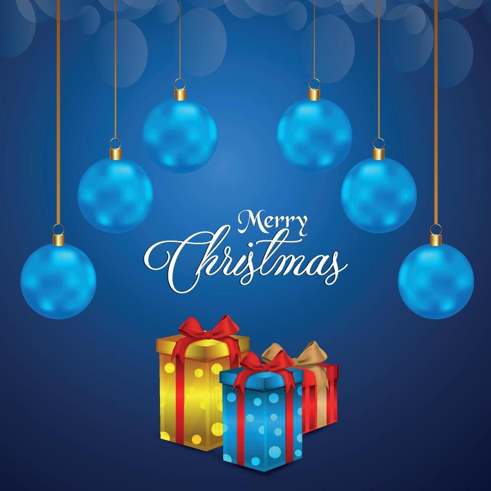 Merry christmas celebration greeting card with creative balls on blue background vector
