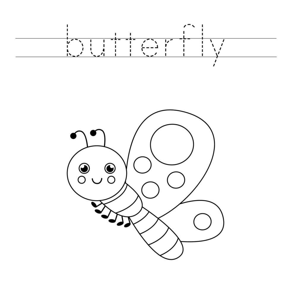 trazando letras con linda mariposa. práctica de escritura para niños. vector