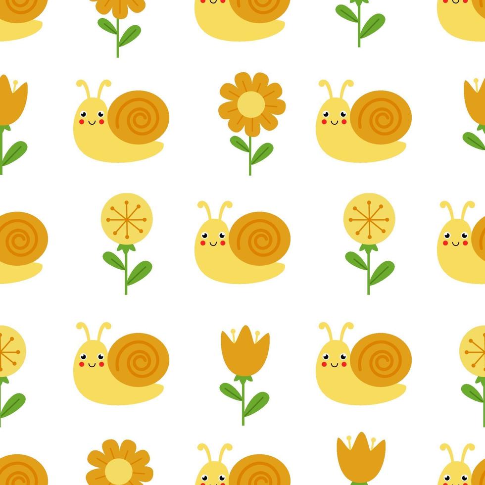 Seamless pattern with cute cartoon flowers and snails. vector