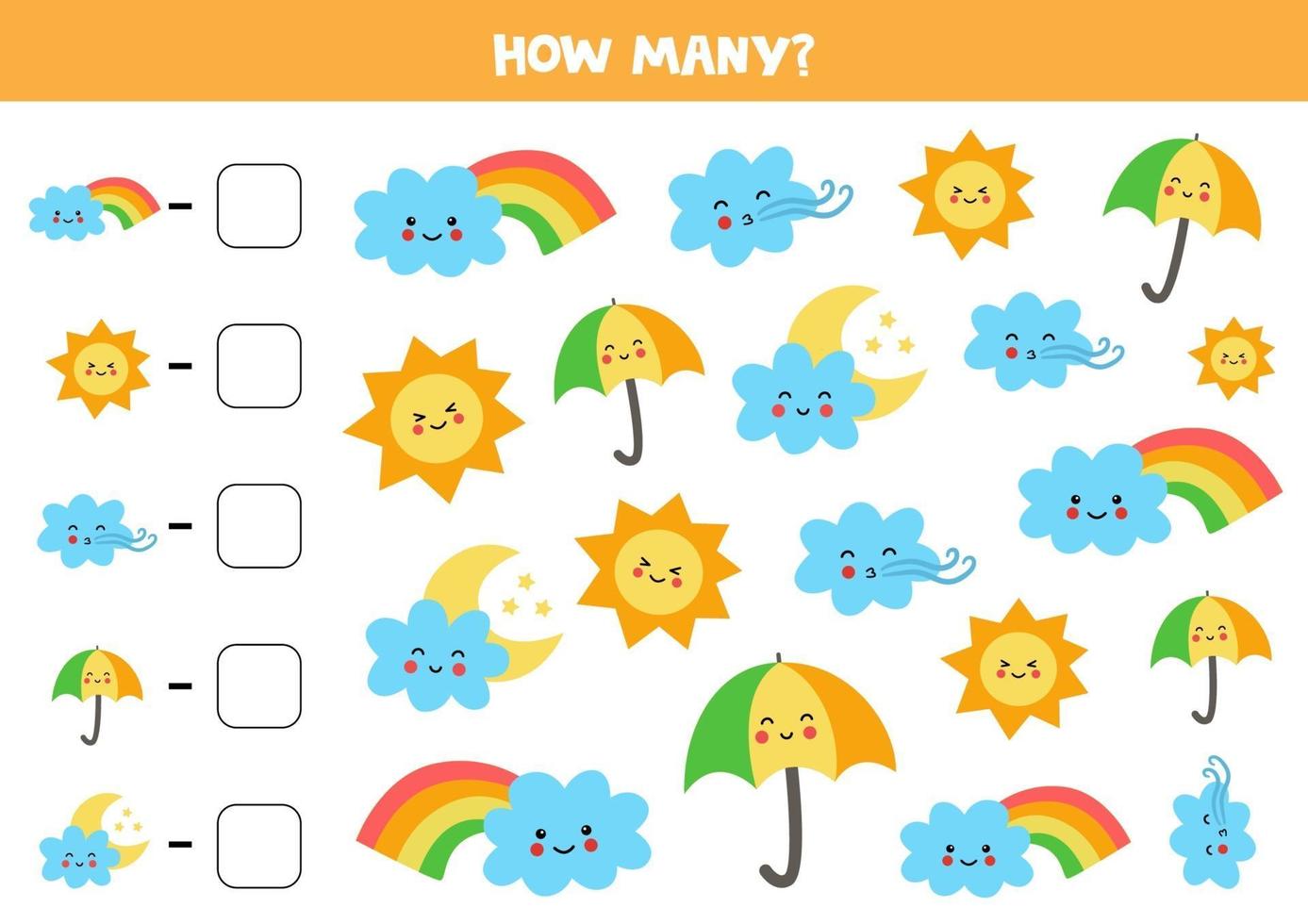 Counting game with cute kawaii weather elements. Math worksheet. vector