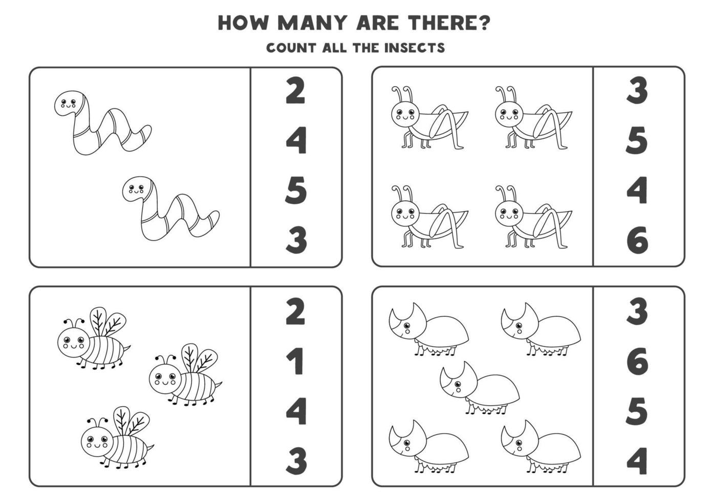 Counting game with cute black and white insects. Math worksheet. vector