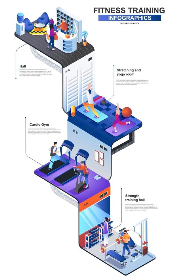 Fitness training modern 3d isometric infographics design template vector