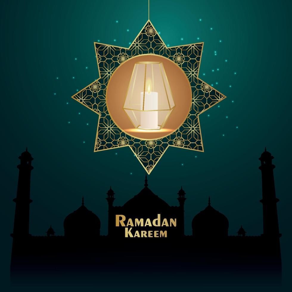 Eid mubarak invitation greeting card with golden lantern on pattern background vector