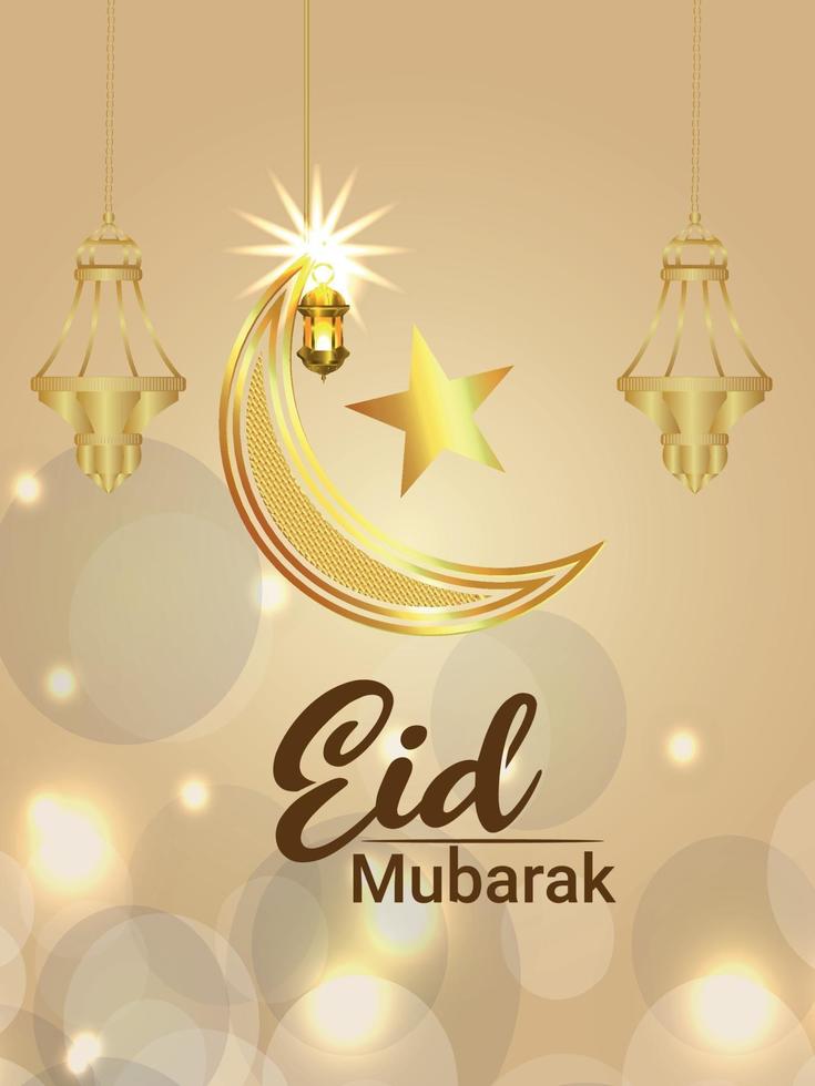 Eid mubarak celebration party flyer with golden moon and lantern vector