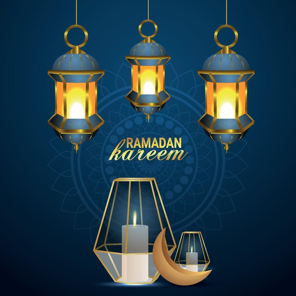 festival islámico de ramadan kareem celebración tarjeta de felicitación con ilustración vectorial de luna dorada y linternas vector