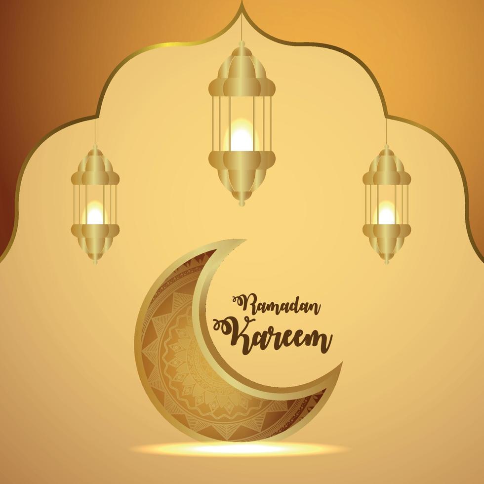 Ramadan kareem invitation greeting card with creative vector illustration of gold moon and lanterns