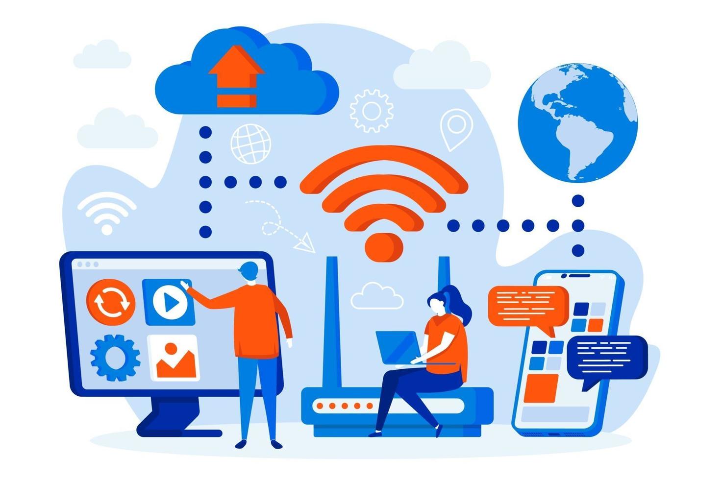 Wireless technology web design with people characters vector
