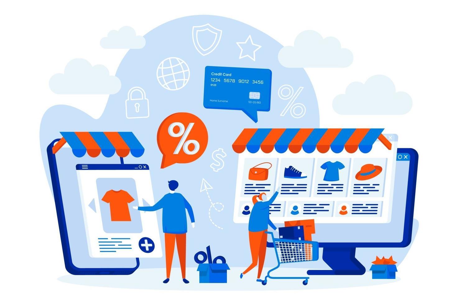 Shopping web design concept with people characters vector