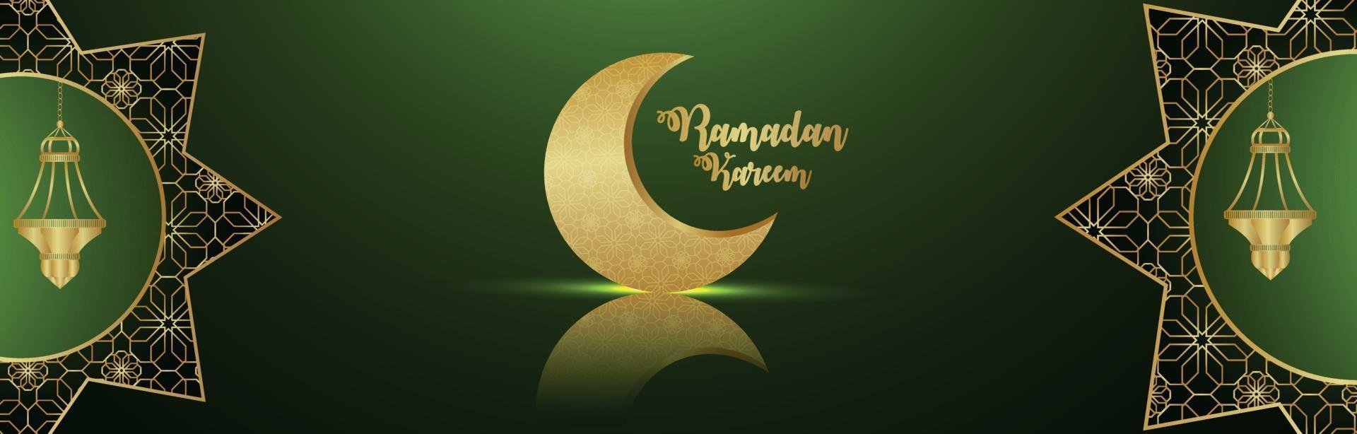 Banner o encabezado de Ramadán Kareem con luna dorada y linterna sobre fondo verde vector