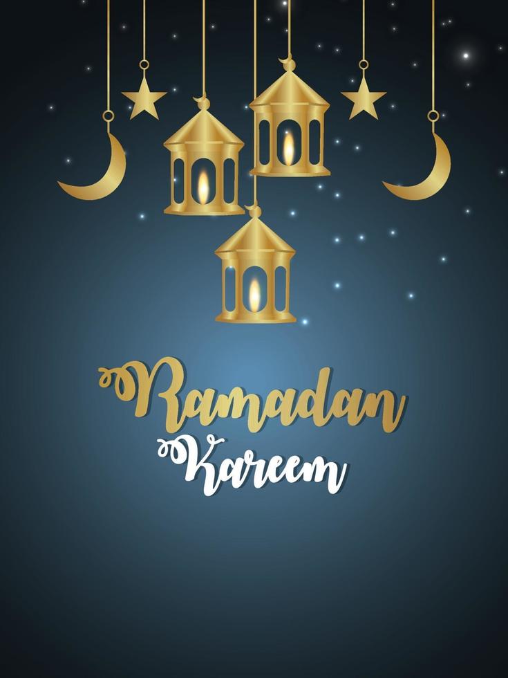 Ramadan kareem islamic festival with golden lanterns and moon on creative background vector