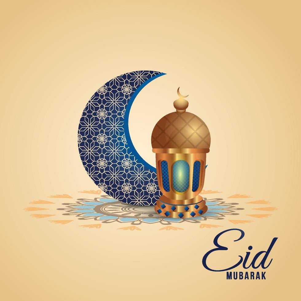 Eid mubarak islamic festival celebration with golden lantern and pattern moon vector