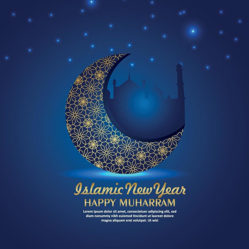 año nuevo islámico, feliz muharram con patrón de luna sobre fondo azul vector