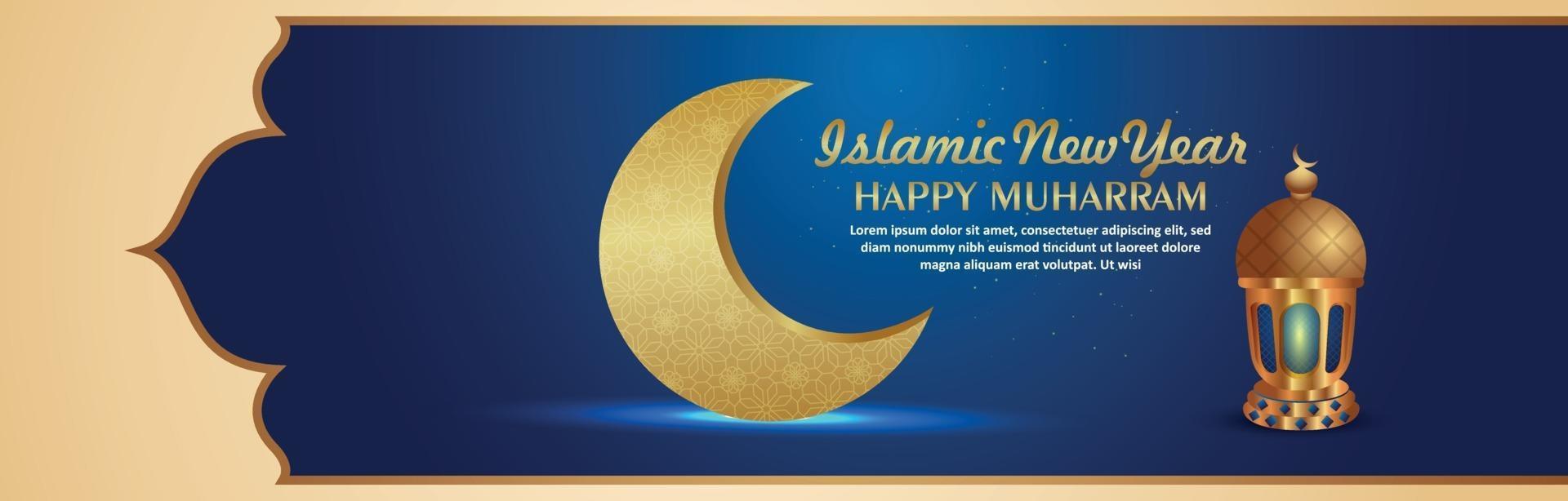 Islamic new year or happy muharram with golden moon and lantern vector