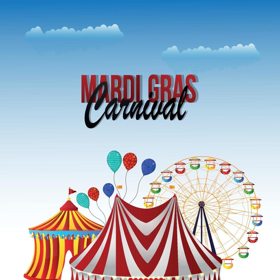 Fondo de invitación de carnaval o mardi gras con carpa de circo creativa y parque de atracciones vector