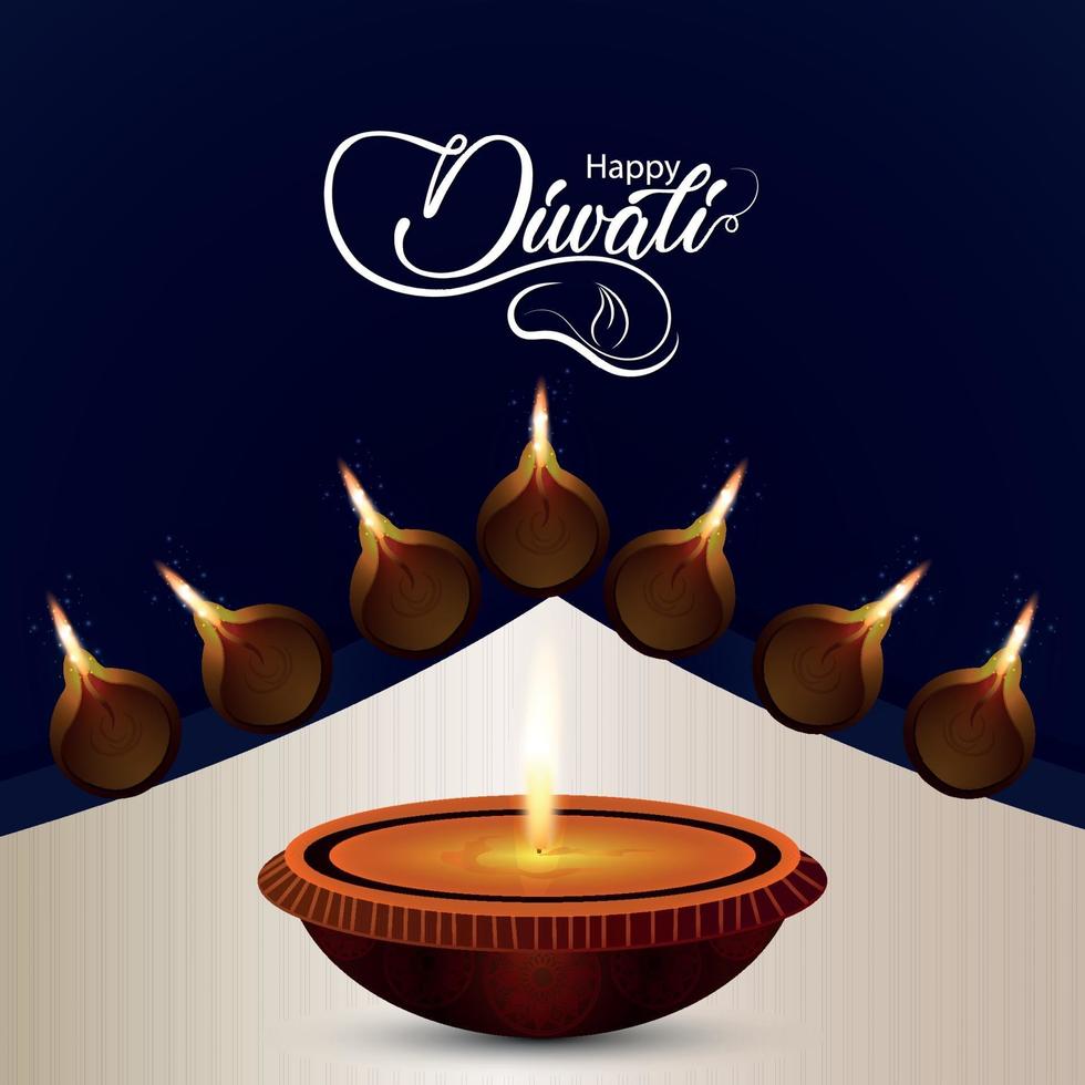 Happy diwali celebration greeting card with vector illustration of diwali diya