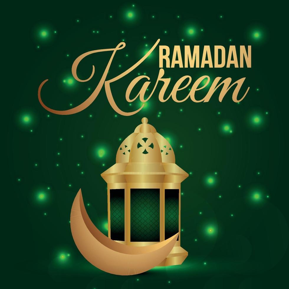 adornos realistas de la tarjeta de felicitación del festival islámico ramadan kareem con linterna dorada creativa y luna vector