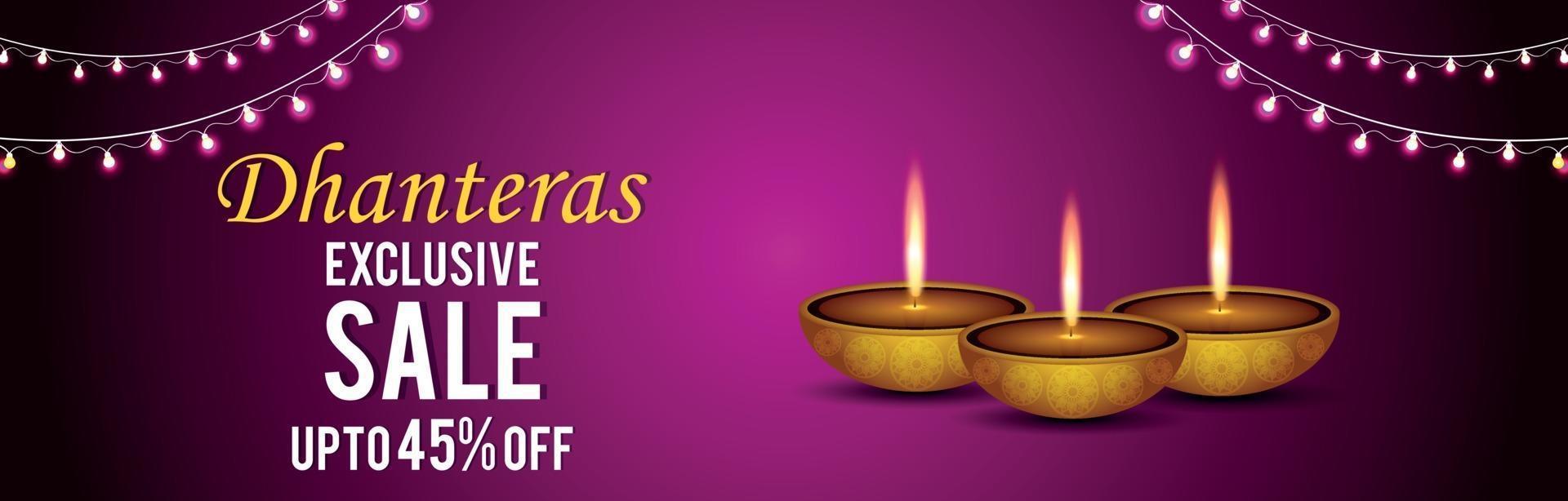 Feliz banner de venta de dhanteras o encabezado sobre fondo creativo con diwali diya vector