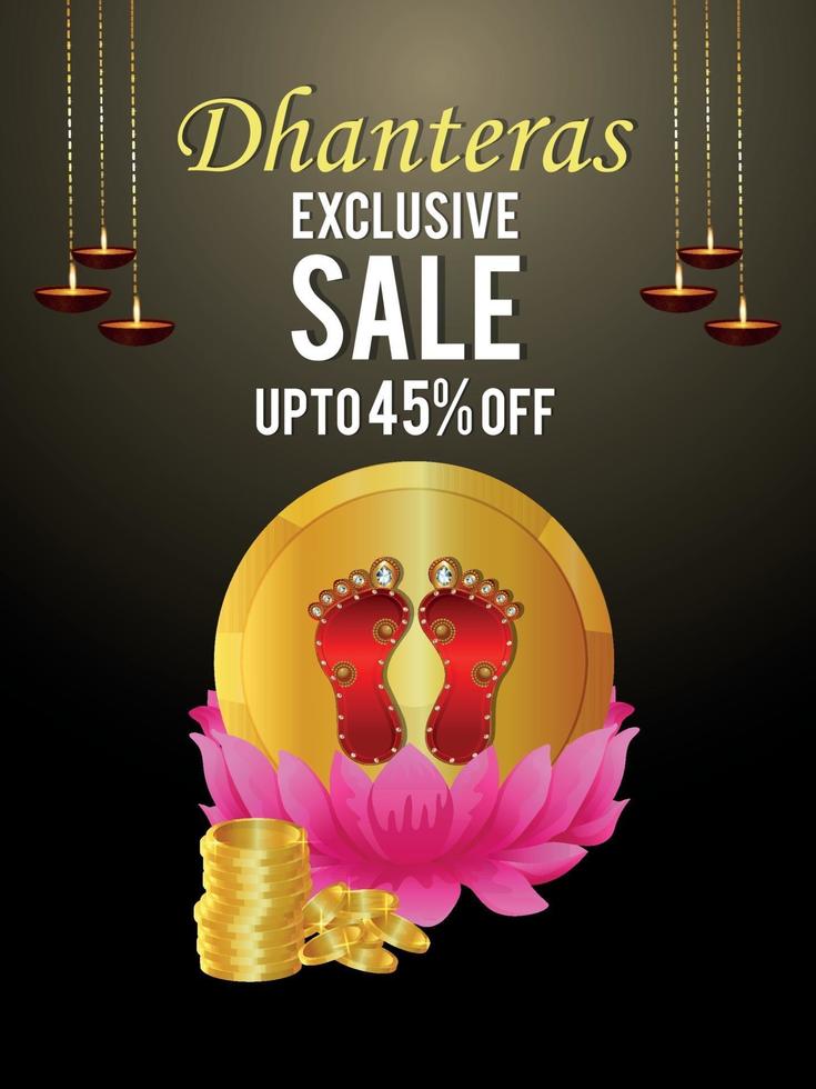 Cartel de venta de celebración de Dhanteras con ilustración vectorial de la diosa laxmi y monedas de oro vector