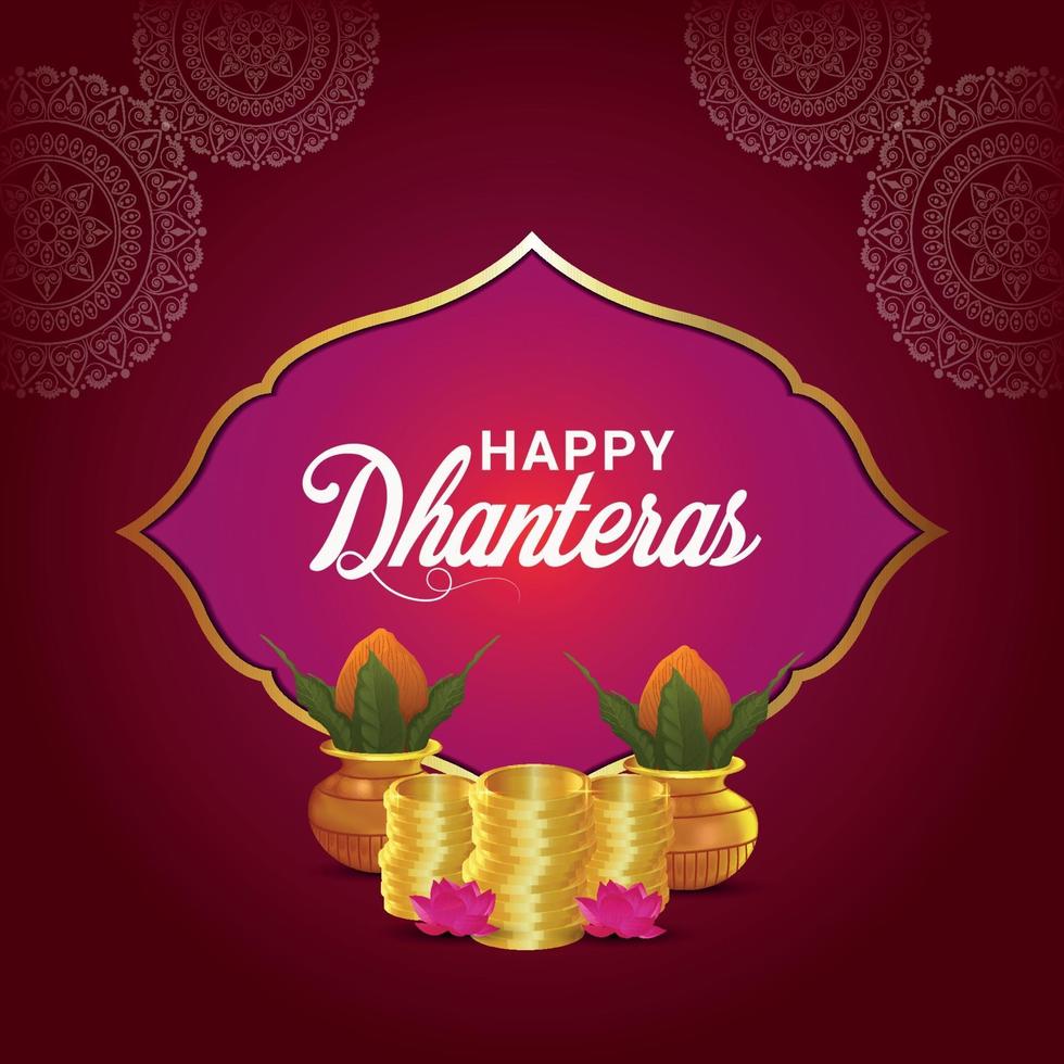 feliz celebración de dhanteras tarjeta de felicitación con vector creativo monedas de oro