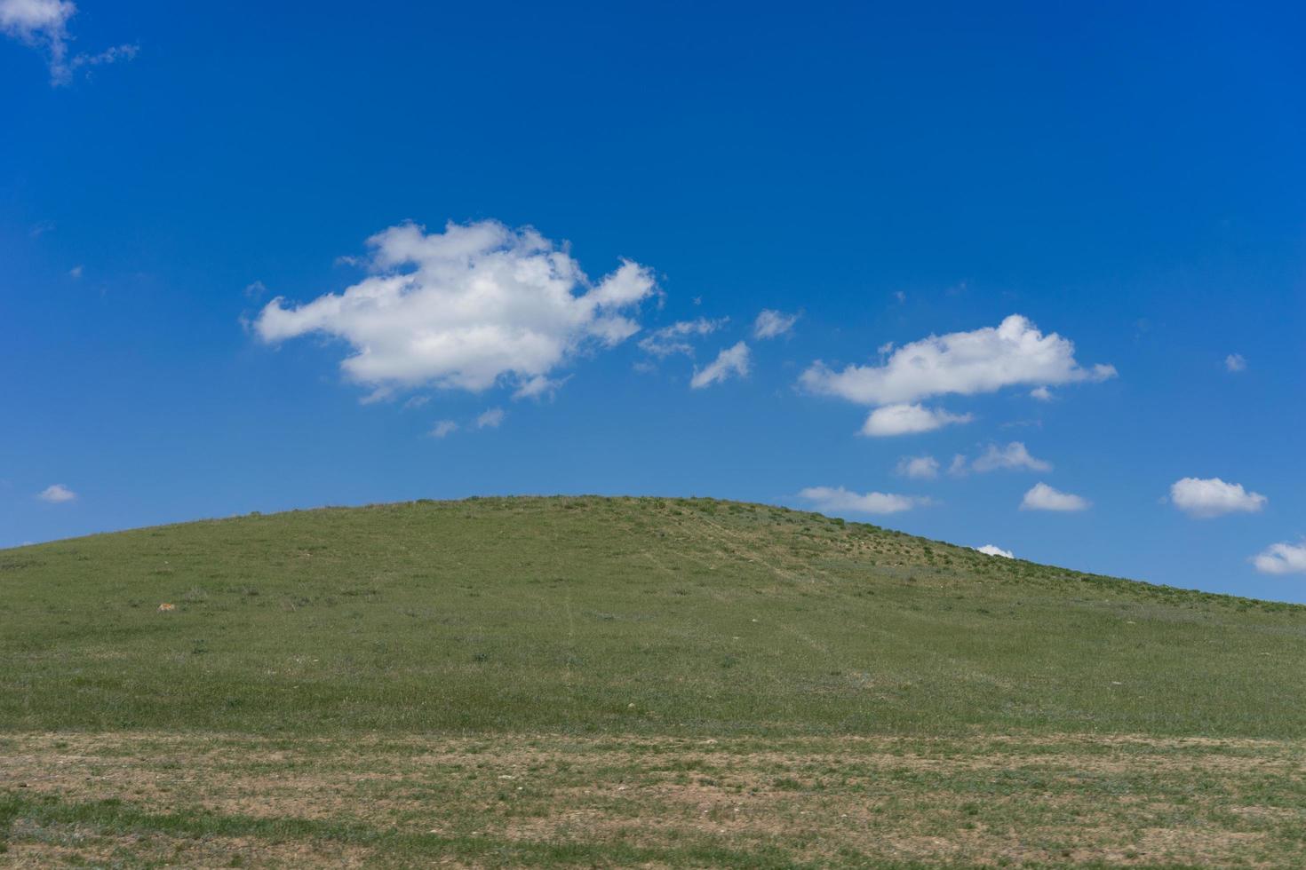 colina verde cubierta de hierba contra un cielo azul con nubes. foto