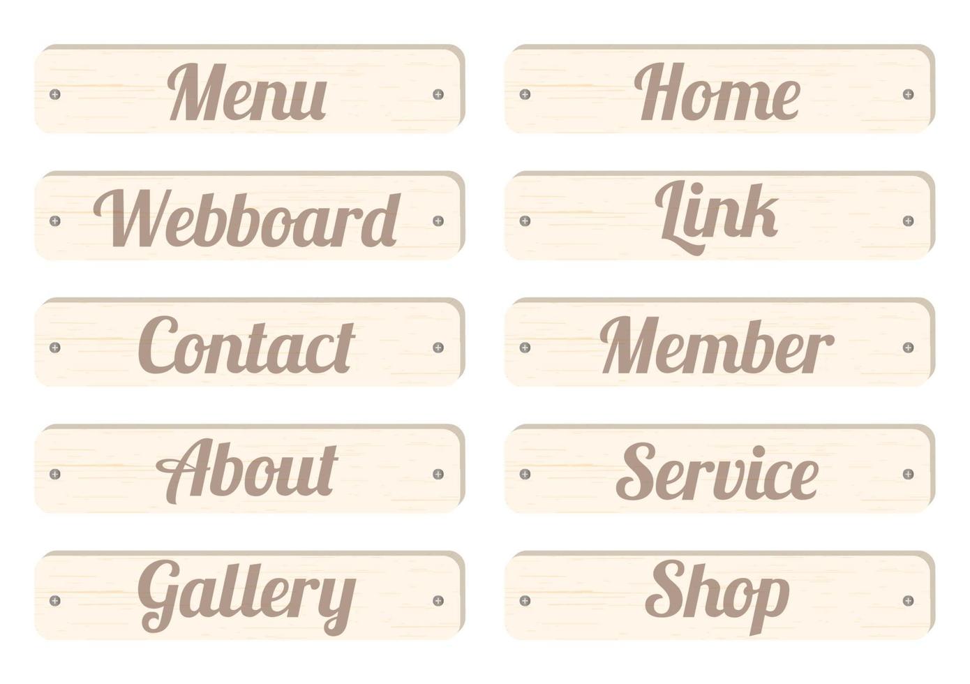 wood board menu bar with wording, menu, home, webboard, link, contact, member, about, service, gallery, shop for website design vector