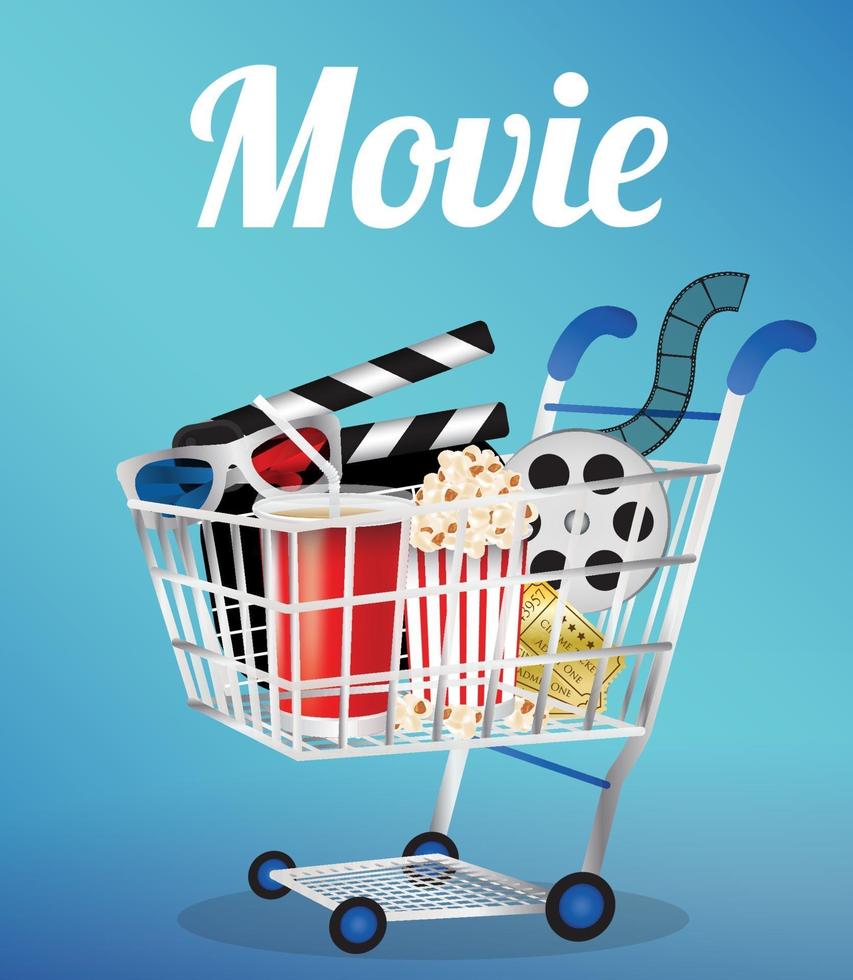 Movie Film, 3d Glasses and movie ticket in a shopping cart vector